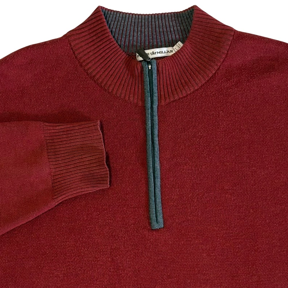 Peter Millar Quarter Zip Sweater Mens Large Burgundy Wool Cotton MF14S82 *FLAW*